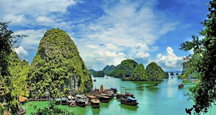 Panoramablick auf die Halong-Bucht mit zahlreichen Booten und Kalksteininseln.