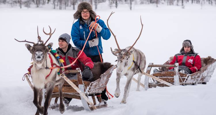 Des gens faisant du traîneau tiré par des rennes dans un paysage enneigé.