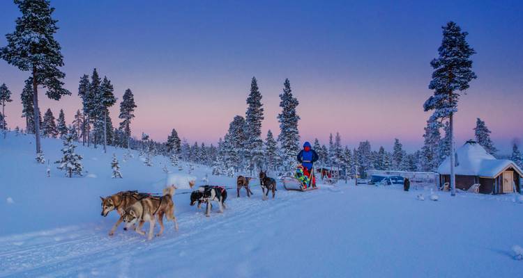 Personne sur un traîneau avec des huskies dans un paysage enneigé au crépuscule.