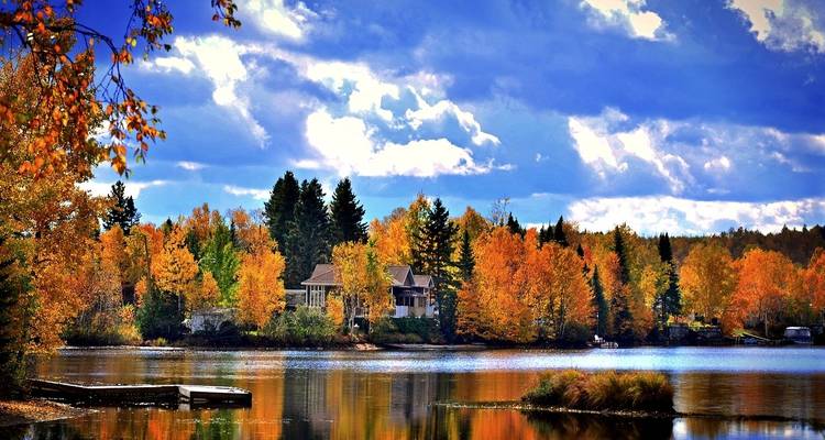 Lakeside view in autumn with vibrant foliage.