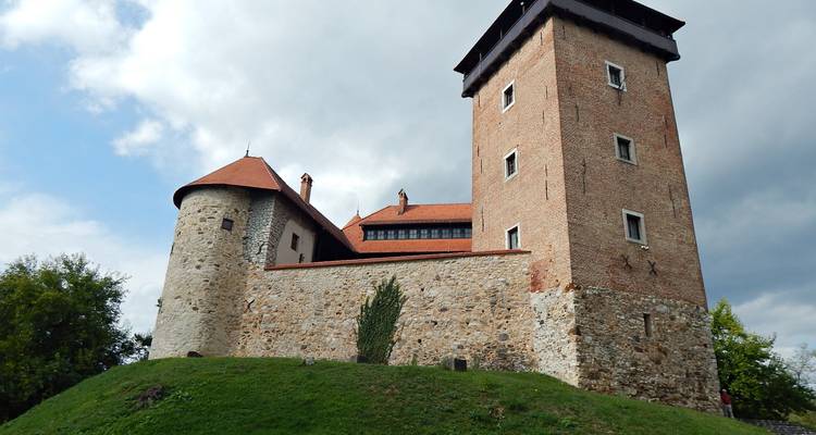 Castillo de piedra medieval con una alta torre de ladrillo se alza en lo alto de una colina cubierta de pasto bajo un cielo parcialmente nublado.