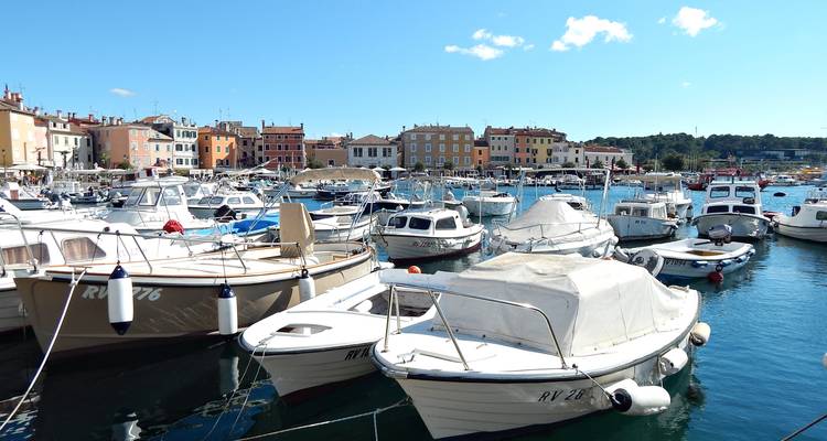 Marina concurrida llena de pequeños botes y yates frente a coloridos edificios de la costa.