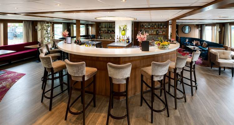 Bar élégant aux courbes raffinées avec des tabourets hauts situé à l'intérieur d'un salon de croisière fluviale, doté de finitions en bois et d'étagères remplies de spiritueux.