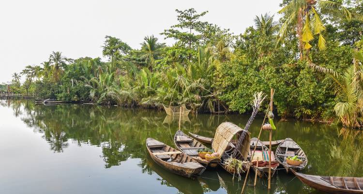 Traditionele houten boten op een kalme rivier omringd door weelderige vegetatie.