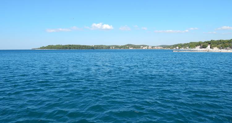 Vaste étendue de mer bleue calme avec une côte verte basse et un ciel clair à l'horizon.