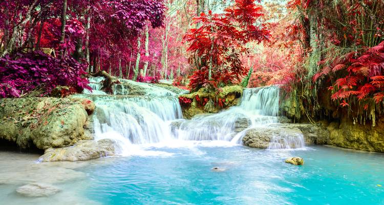 Wasserfall mit bunten Bäumen und Felsen