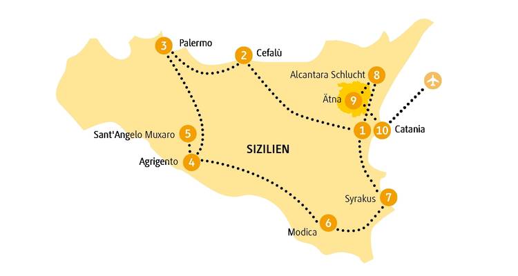 Carte illustrative de la Sicile montrant les villes et les routes.