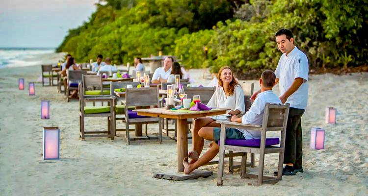 Beach dining scene with guests and a serene ocean backdrop.