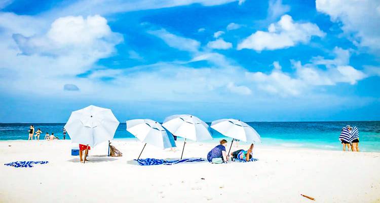 Beach with umbrellas and people relaxing.