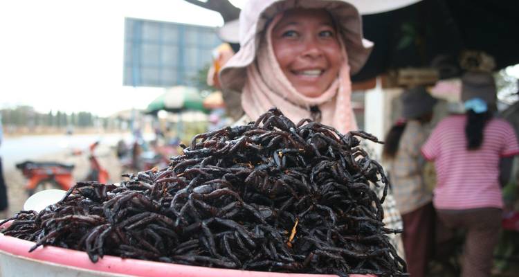 Gros plan d'un tas d'insectes frits avec un vendeur souriant derrière.