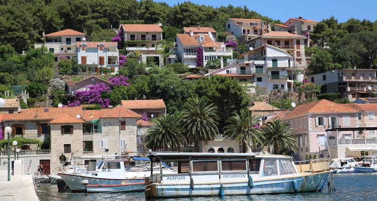 Pueblo encantador con casas coloridas en la ladera y embarcaciones.