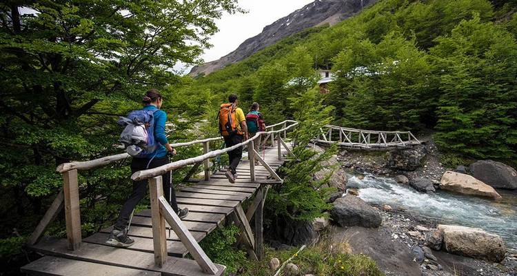 Backpackers steken een rustieke houten brug over een bruisende beek in het midden van een weelderig Patagonisch bos.