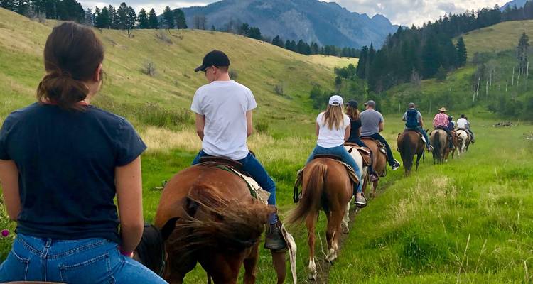 Groepsrit te paard door een groene vallei.