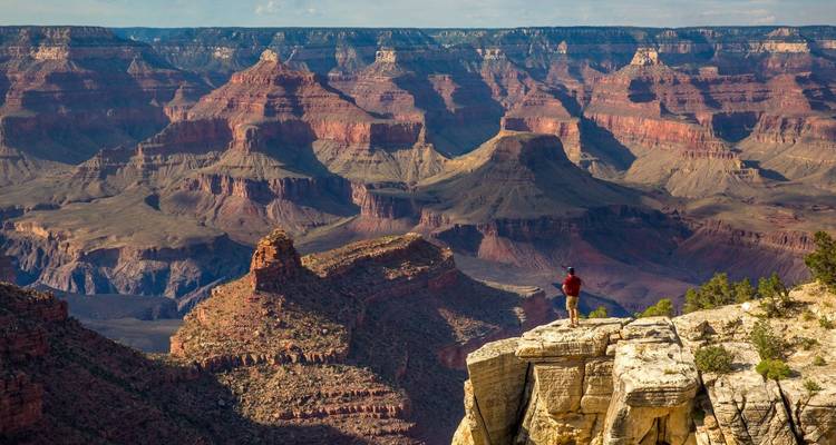A person standing on the edge of the Grand Canyon.