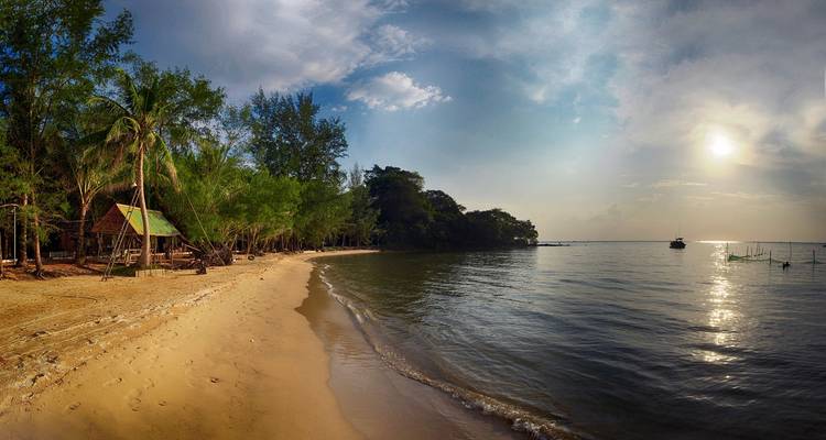 Serene beach with trees lining the shore and a sunset over calm waters.
