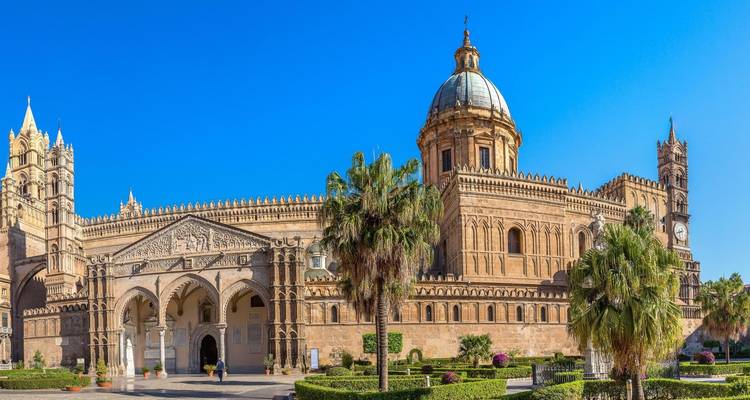 Eine historische Kathedrale mit Palmen davor unter einem klaren blauen Himmel.