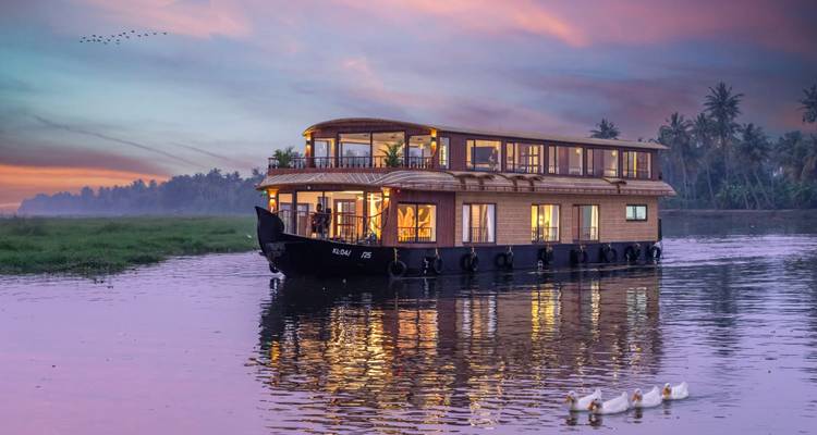 A houseboat with lights reflecting on the water at sunset, with ducks swimming nearby.