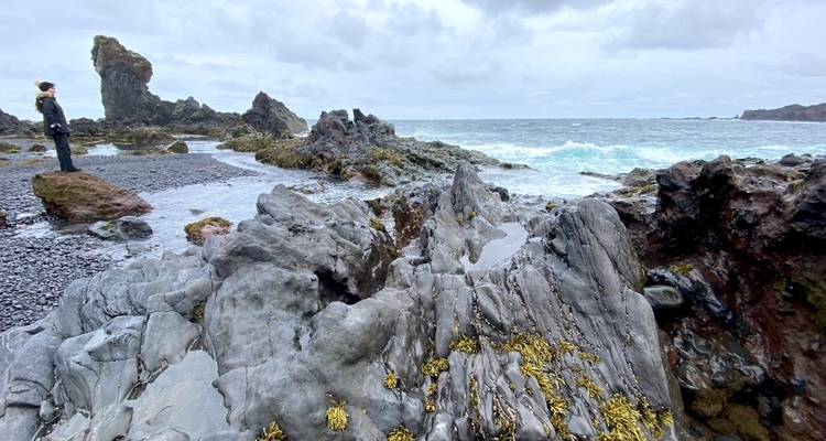 Een rotsachtige kustlijn met dramatische rotsformaties en een persoon die staat.