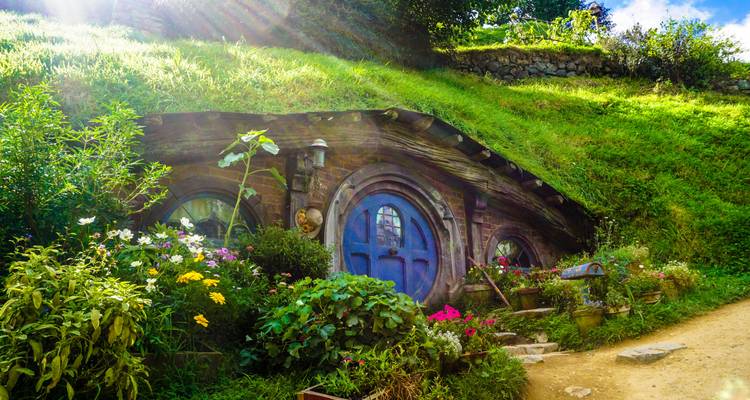 Sun-dappled blue-door hobbit hole nestled in flowering hillside at Hobbiton movie set.