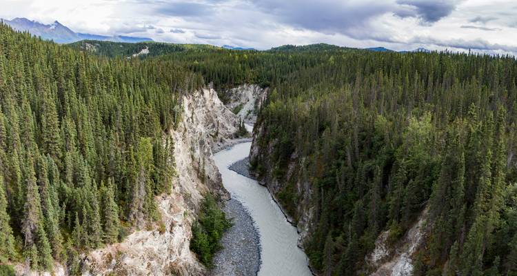 Un río lechoso y sinuoso atraviesa paredes de cañón densamente boscosas bajo un cielo nublado.