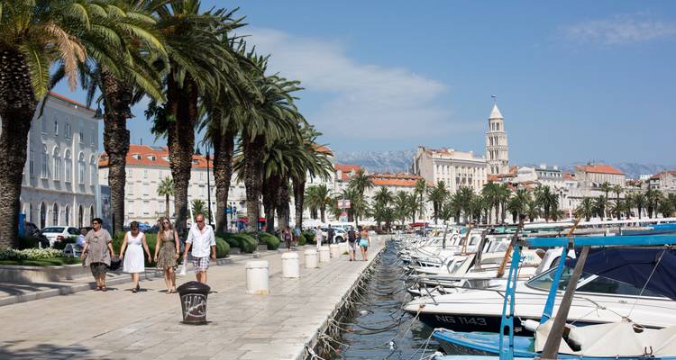 Paseo soleado en Split con palmeras, yates amarrados a lo largo del malecón, y gente paseando.