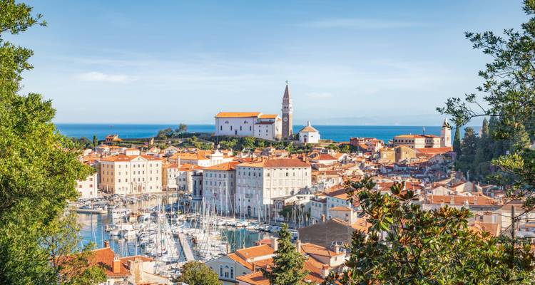 Los tejados de terracota y el puerto de Piran se extienden abajo, con el Mar Adriático en el horizonte.