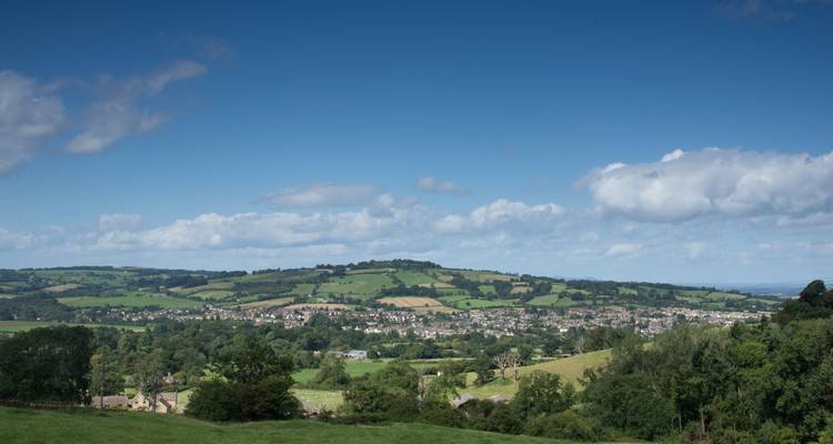 A panoramic view of a town and rolling hills.