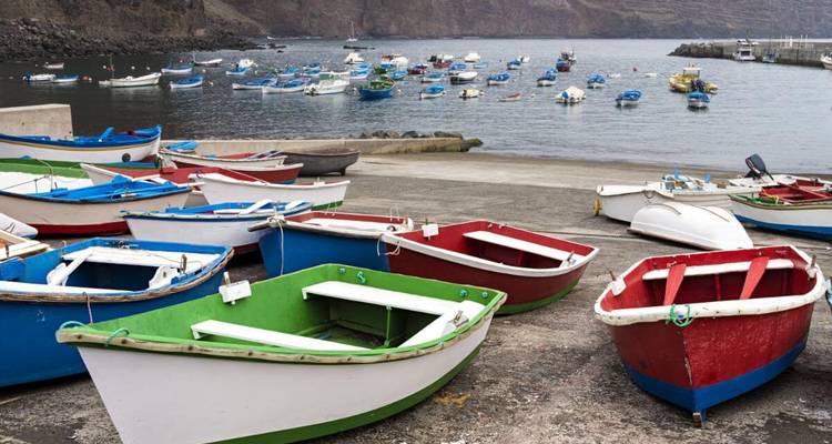 Des bateaux colorés amarrés dans une petite marina.