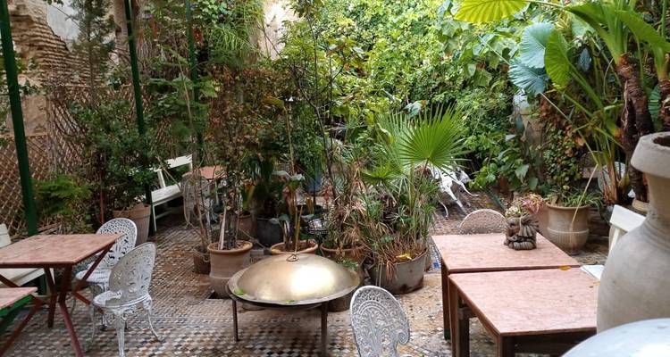 Außenbereich mit Gartensitzplatz und üppigem Grün.