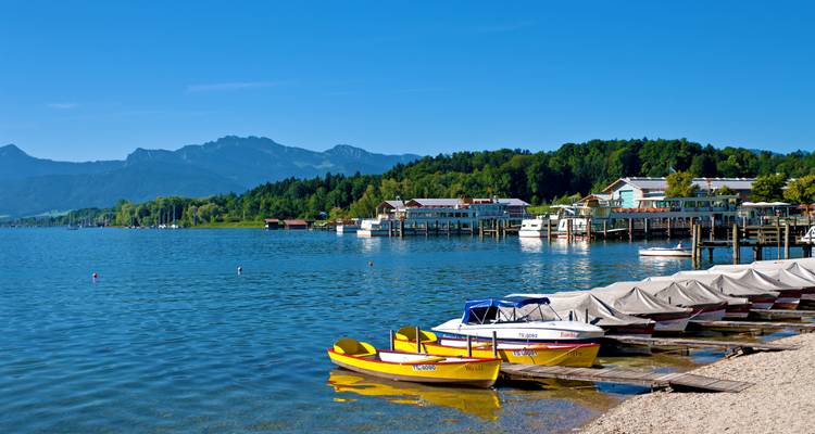 Rangée de pédalos jaune vif et de barques de pêche couvertes le long d'une marina ensoleillée au bord du lac avec des collines boisées au-delà.
