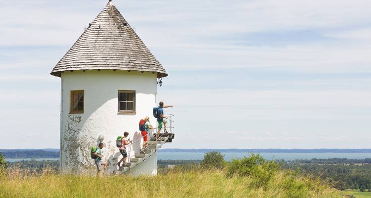 Group of people climbing a spiral staircase on a small tower overlooking a landscape