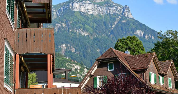 Chalet-stijl huizen met een bergachtergrond