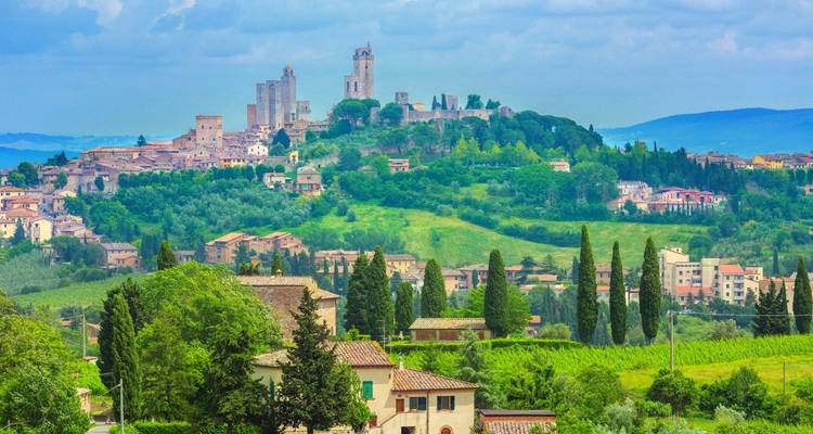 Horizon de San Gimignano avec tours médiévales et verdure luxuriante.