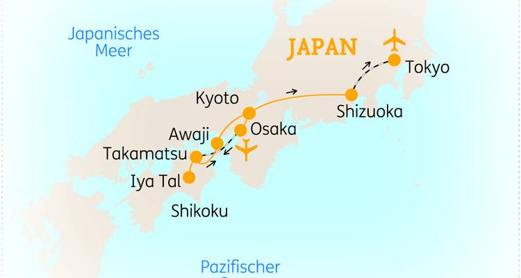 Routekaart van Japan met een route van Tokyo door Shikoku en terug.