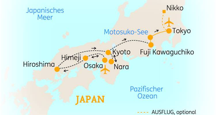 Übersichtskarte der Japanreise mit den Städten Tokio, Kyoto, Osaka und Hiroshima