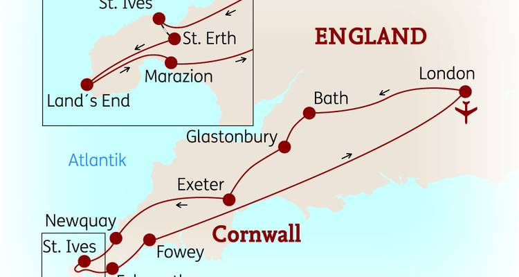 Route map of a Cornwall and southwest England tour highlighting towns and travel path.
