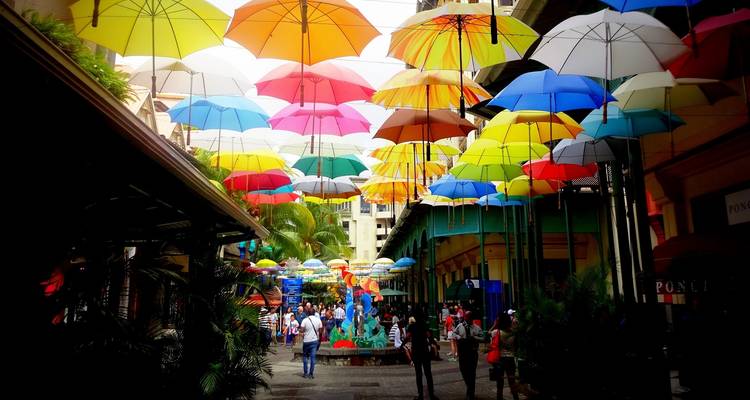 Des parapluies colorés suspendus au-dessus d'une rue animée.