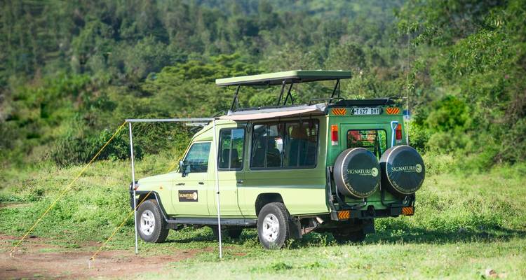 Safari-Fahrzeug geparkt in der Savannenlandschaft.