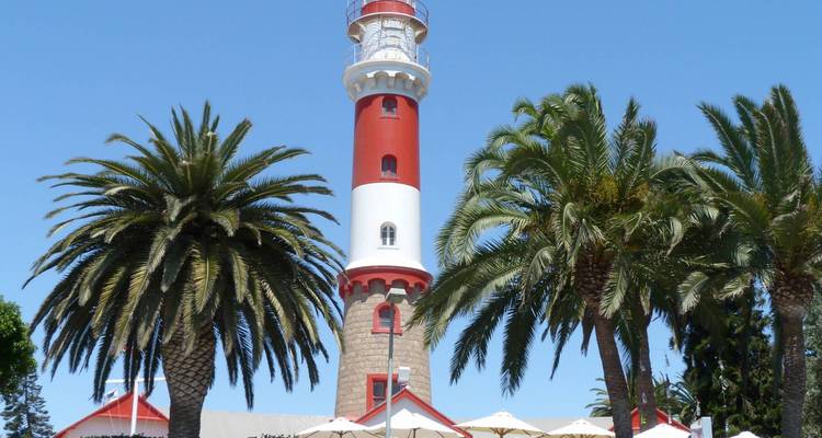 A lighthouse surrounded by palm trees under a clear blue sky.