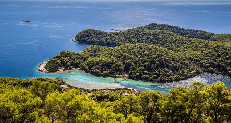Aerial view of a forested island surrounded by blue waters.