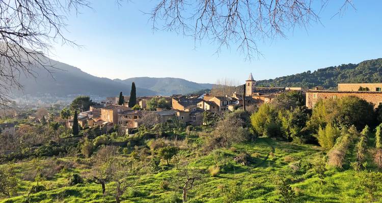 Grüne Landschaft mit historischem Dorf und Kirchturm inmitten sanfter grüner Hügel im goldenen Licht