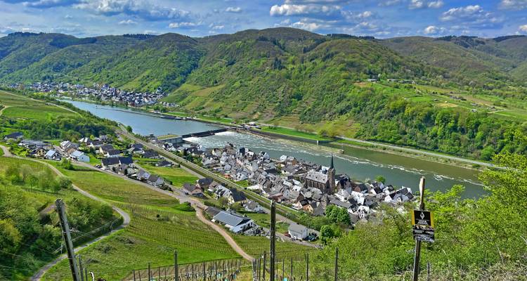 Hoher Aussichtspunkt auf Moseldorf und Flussschleusen umgeben von üppig grünen Hügeln.