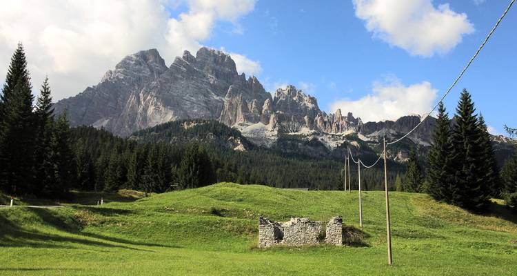 Amplio prado verde enmarcado por bosques de coníferas con escarpadas cimas de Dolomitas elevándose al fondo.