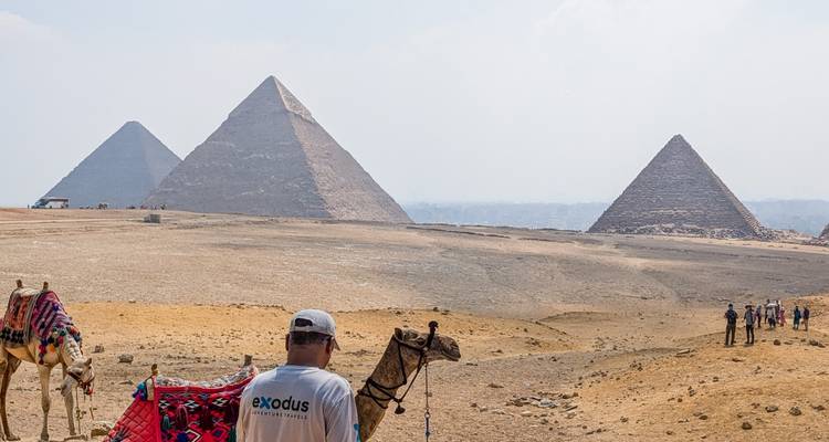 Camels and visitors traverse the sandy plateau with the three iconic pyramids rising behind in hazy sunshine.