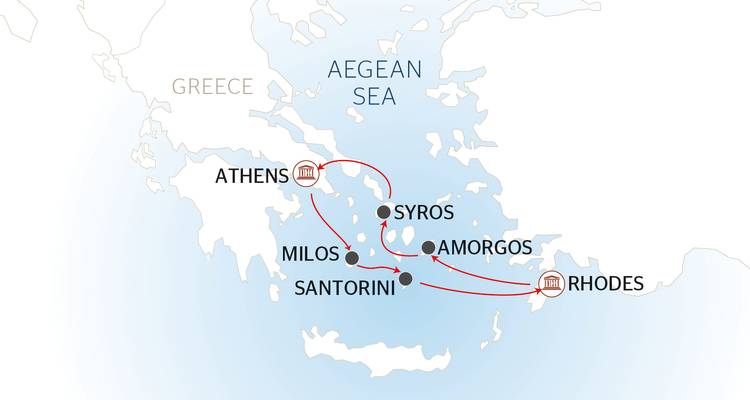 Simplified map of an Aegean cruise route linking Athens, Syros, Milos, Santorini, Amorgos and Rhodes.