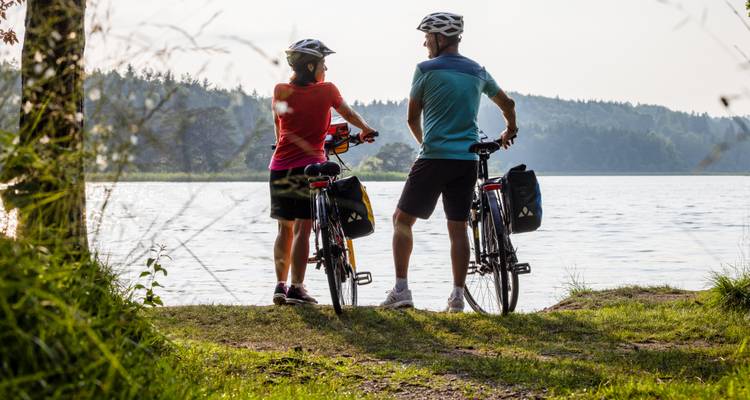 Pareja ciclista descansa en la orilla del lago sombreada por árboles