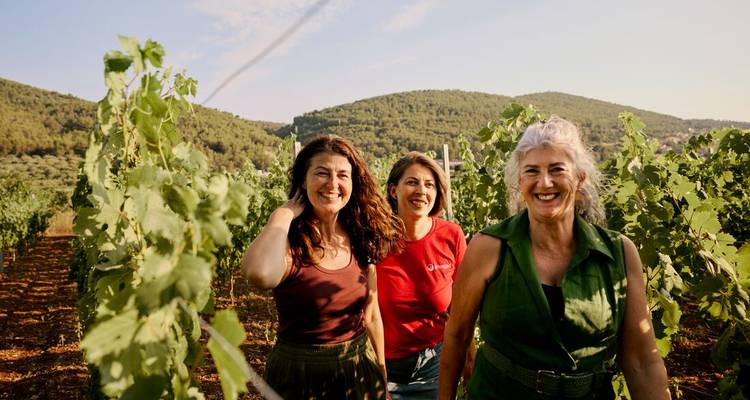 Trois femmes souriantes marchent entre les rangées luxuriantes de vignobles sur une colline ensoleillée.