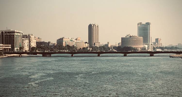 Flussblick mit Brücke und Stadtsilhouette.