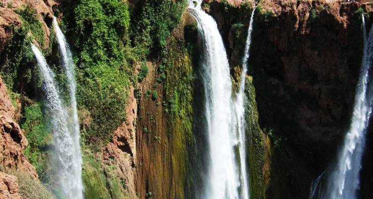 Hoher kaskadenförmiger Wasserfall inmitten üppiger Vegetation.