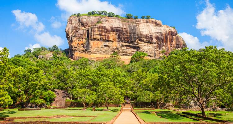 The iconic Sigiriya Rock with pathways leading through dense foliage.